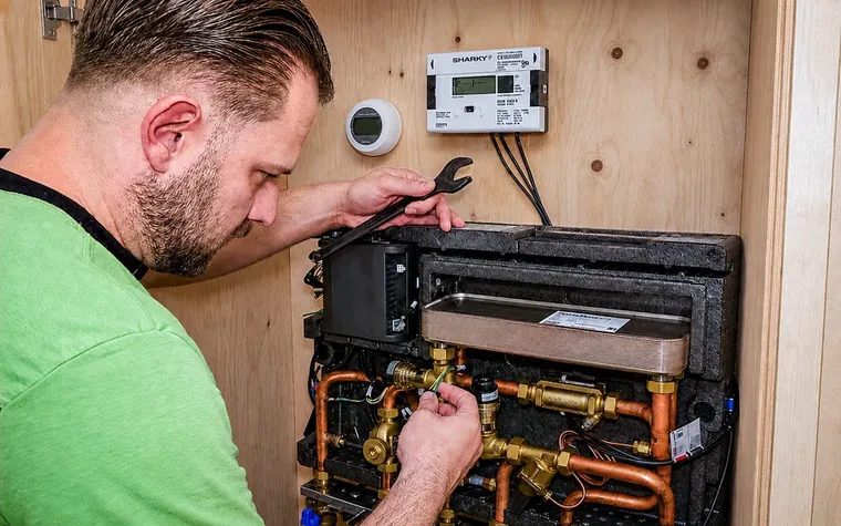Monteur van SVS Warmteservice werkt aan een afleverset met warmtemeter in de meterkast.
